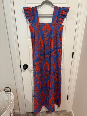 Blue & Red Ikat Maxi Dress with Flutter Straps